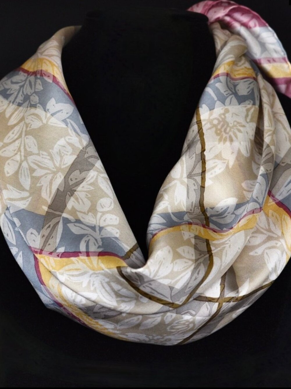 Liberty 32" Vintage Silk Scarf With Leaves & Geometric Lines - France